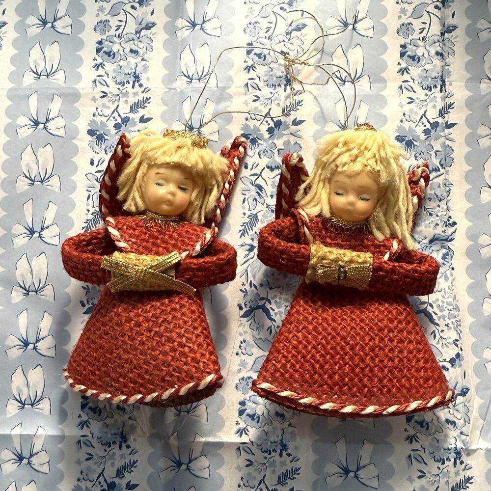 VTG MCM 2 Red Burlap Angel Christmas Ornaments Yarn Hair Plastic Face Handmade